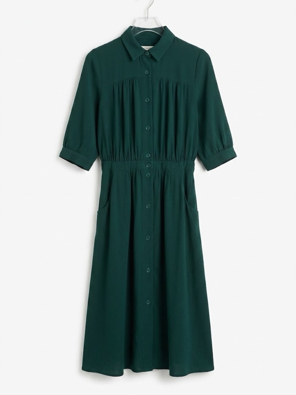 Sessun Emerald Green Pleated Yoke Button-Down Midi Jeanette Dress with Pockets L